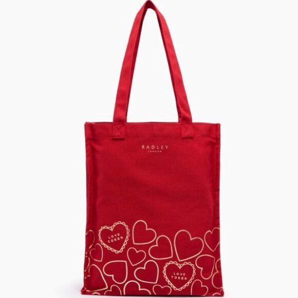 Radley London Love Token Canvas Tote Bag Scottie Dog Gold Hearts Red - Picture 2 of 13